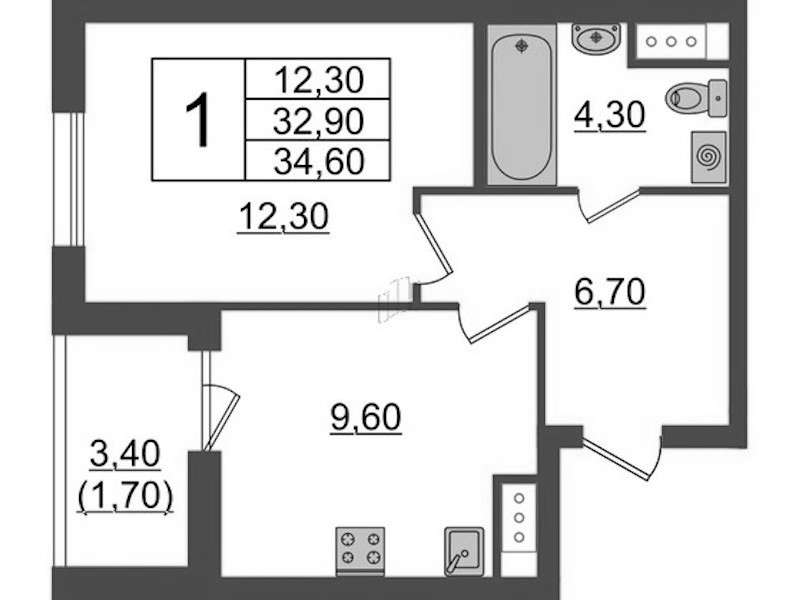 1-комнатная квартира 34.6 м², 6/9 эт., ЖК «А101 Лаголово»